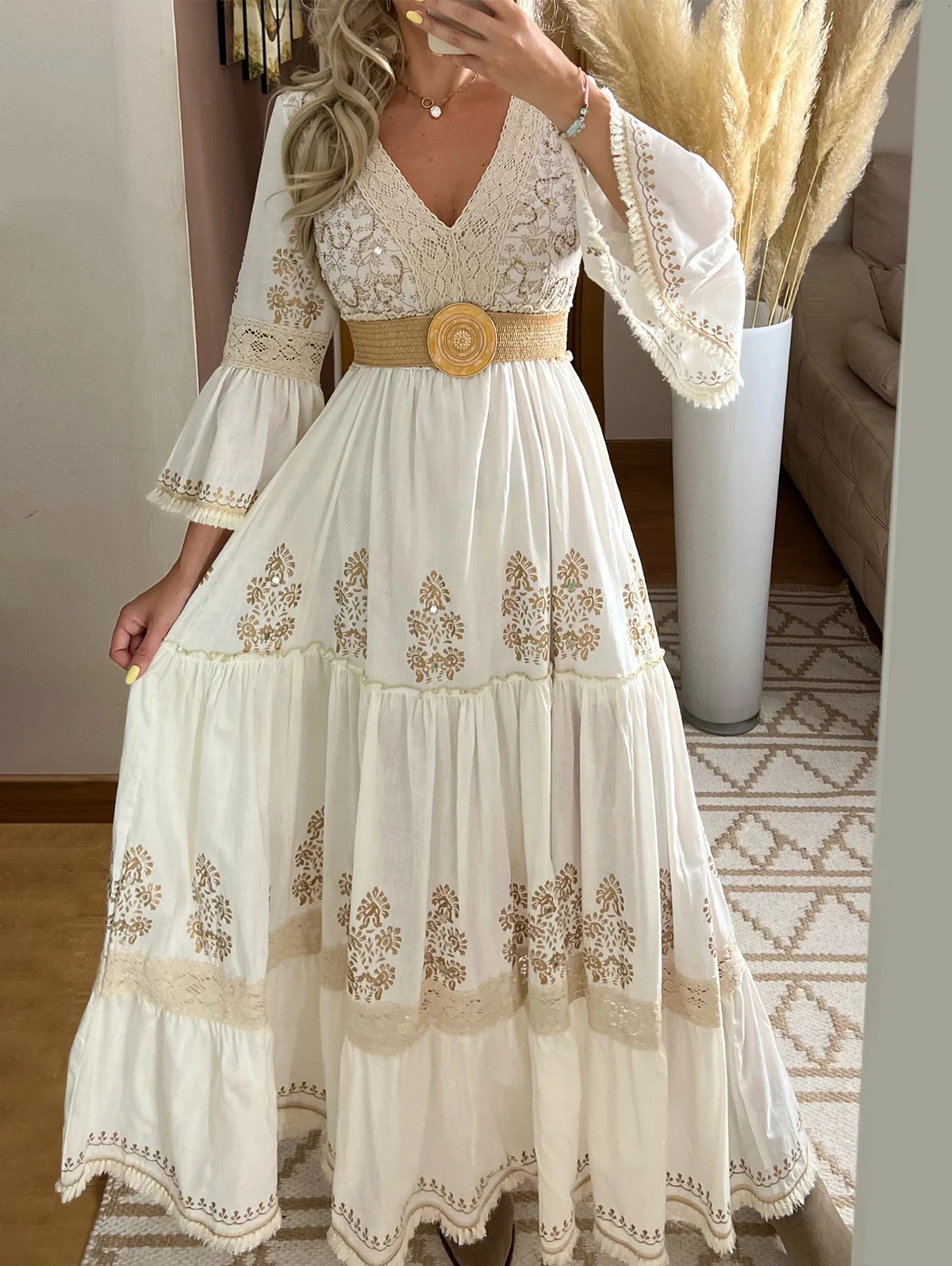 Women Fall Casual Long Dress Floral Print Lace V-Neck Long Sleeve Dress Fashion Holiday Maxi Dress Elegant Classics Versatility 250326