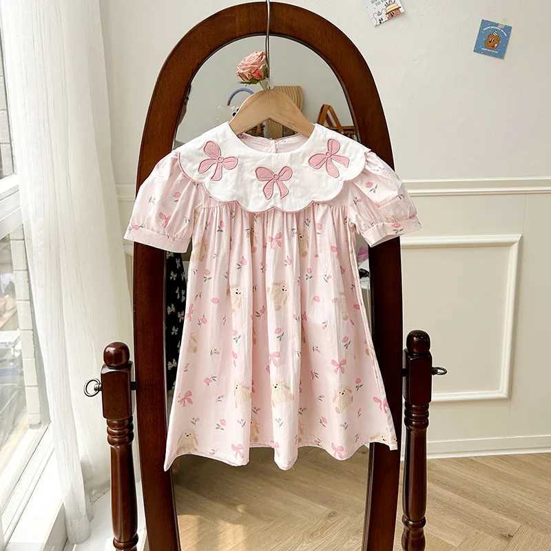 Girls dress childrens clothing bow embroidery flower collar girls dress summer printed short sleeved princess dress W250326