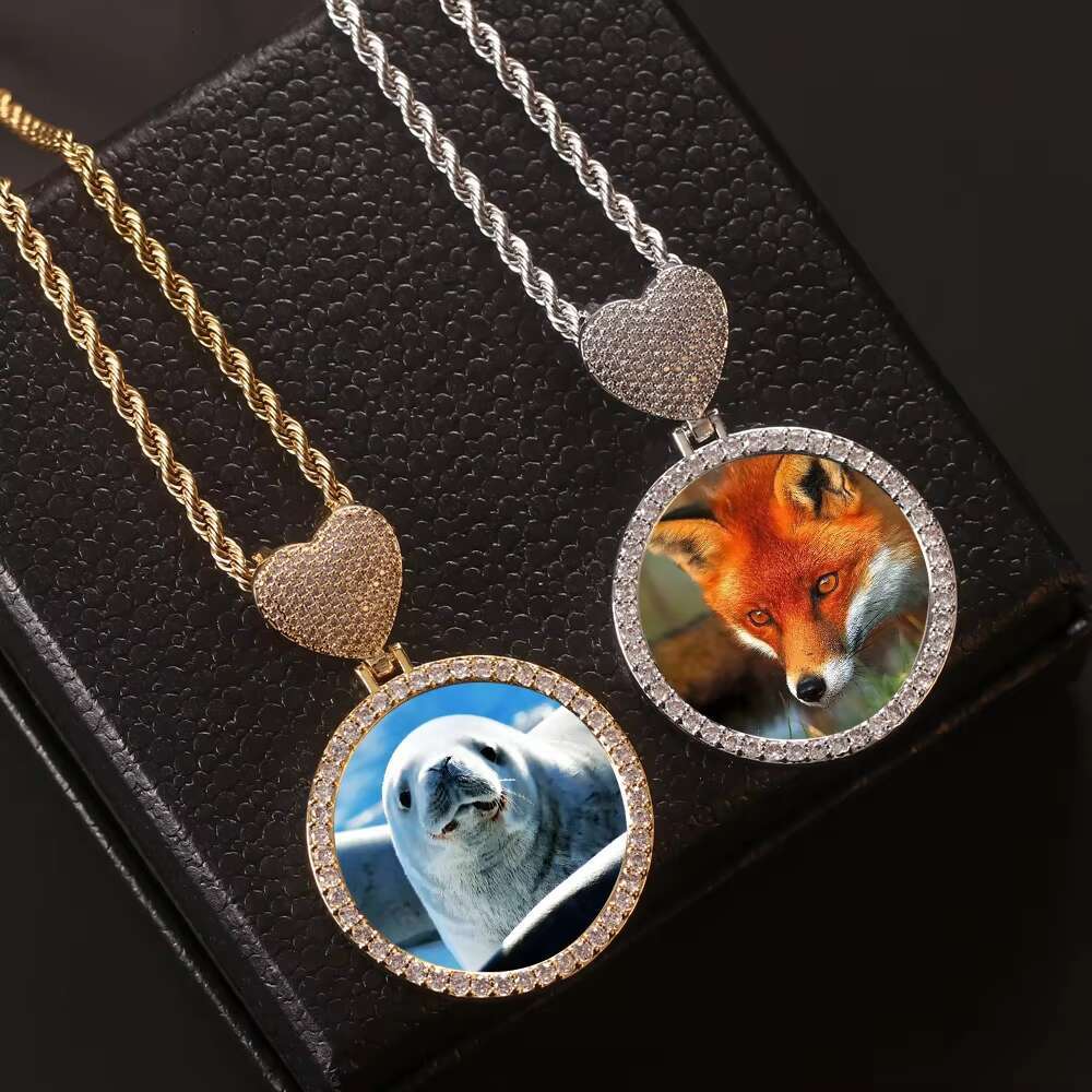 New Creative Heart Hook Circle Photo Pendant Necklace DIY Iced Out Zircon Photo Frame Pendant Men Women Hip Hop Necklace Jewelry