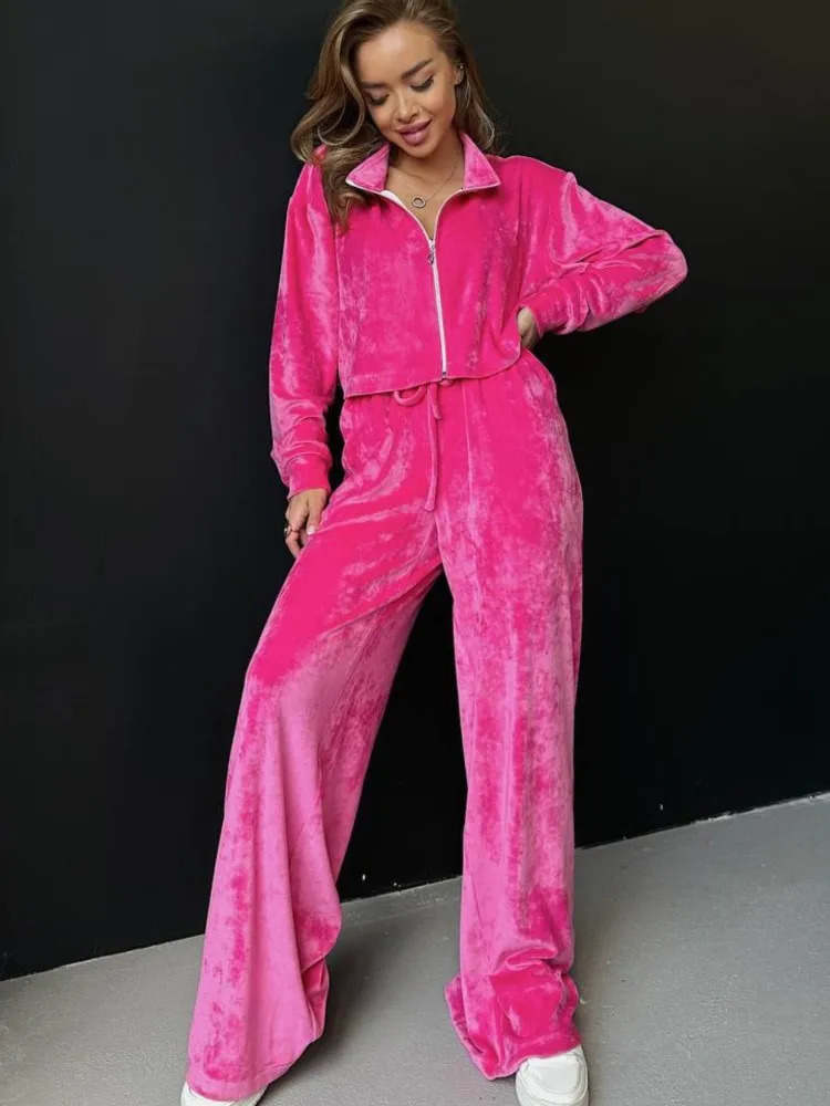 Autumn/Winter Solid Velvet Two Piece Womens Zipper Long Sleeve Sweatshirt Top Wide Leg Pants Casual Set 250321
