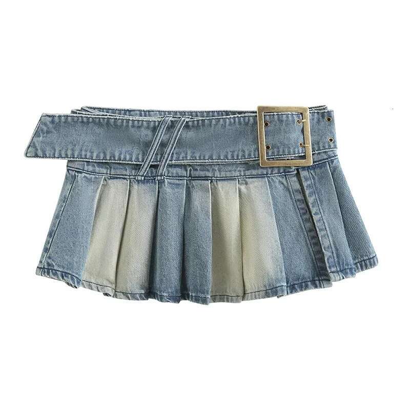Retro Y2K Mini Women's Low Pleated Denim Slit Waist Belt Sexy Girl A- e Half-length Skirt Cotton Material