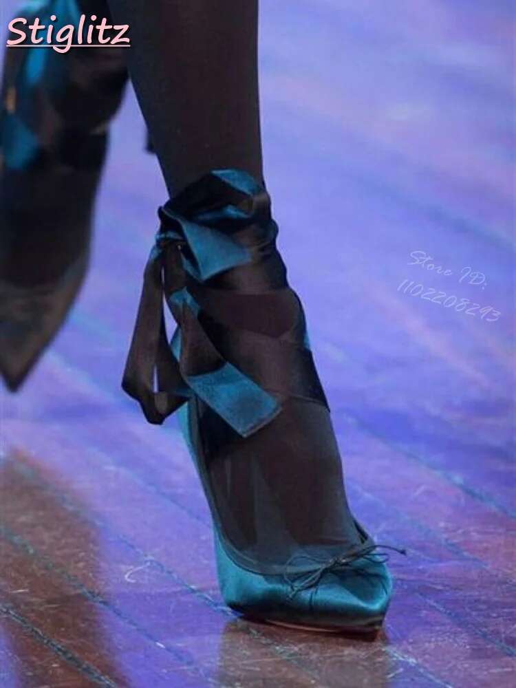 Sweet Silk Riband Pumps Butterfly-knot Lace-up Thin Heels Pointed Toe Cross-tied Solid Women 2025 Summer New Dress Shoes Elegant