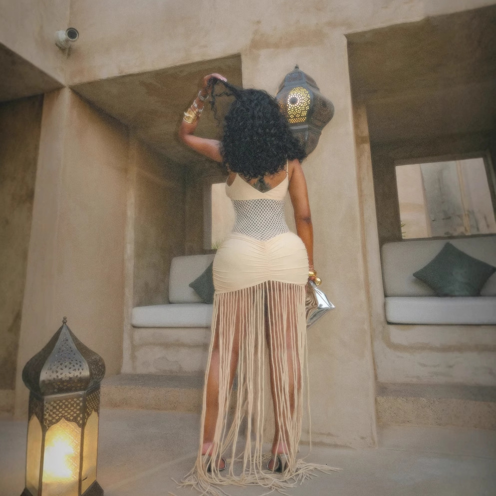 2025 spring/summer european and american fashion strap mesh open waist sexy folded bag hip tassel dress lX0110