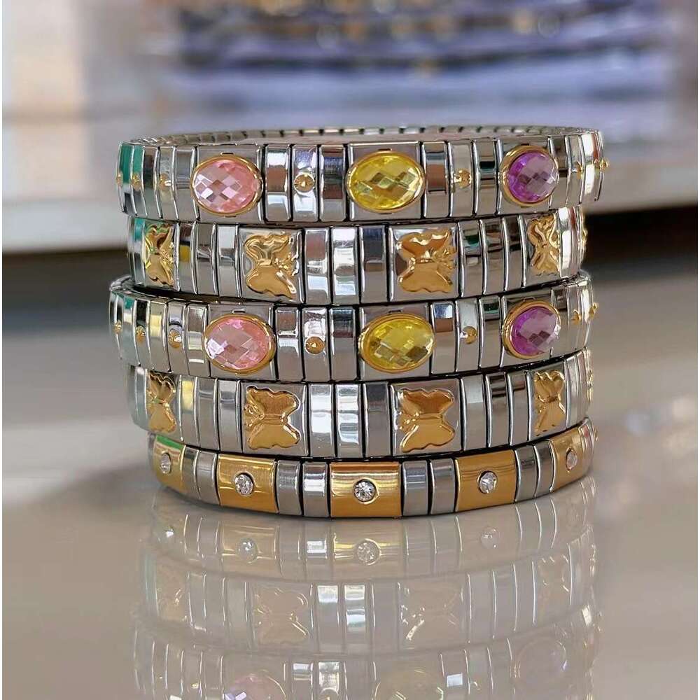 Ins Designer bracelet Sweet and cool niche non fading relief butterfly colored diamond moissanite geometric stainless steel elastic Luxurious jewelry 