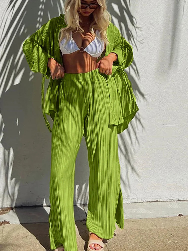 Spring womens shirt pleated two-piece loose high waist wide leg pants set casual and elegant office womens clothing 250321