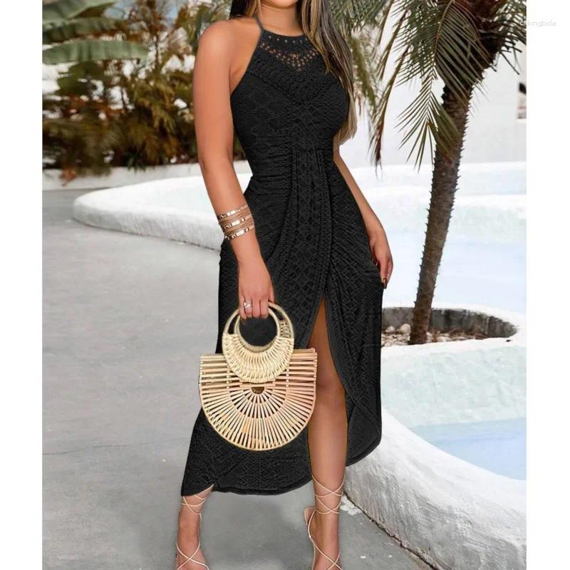 Casual Dresses 2025 Hollowed-out Slit Dress Women Fashion Hallow Sleeveless Pleated Summer Irregular Beach Vacation Solid Color