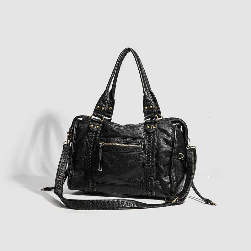 Soft Leather French Retro Locomotive Women's Shoulder Messenger Tote Large Capacity Bag Washing