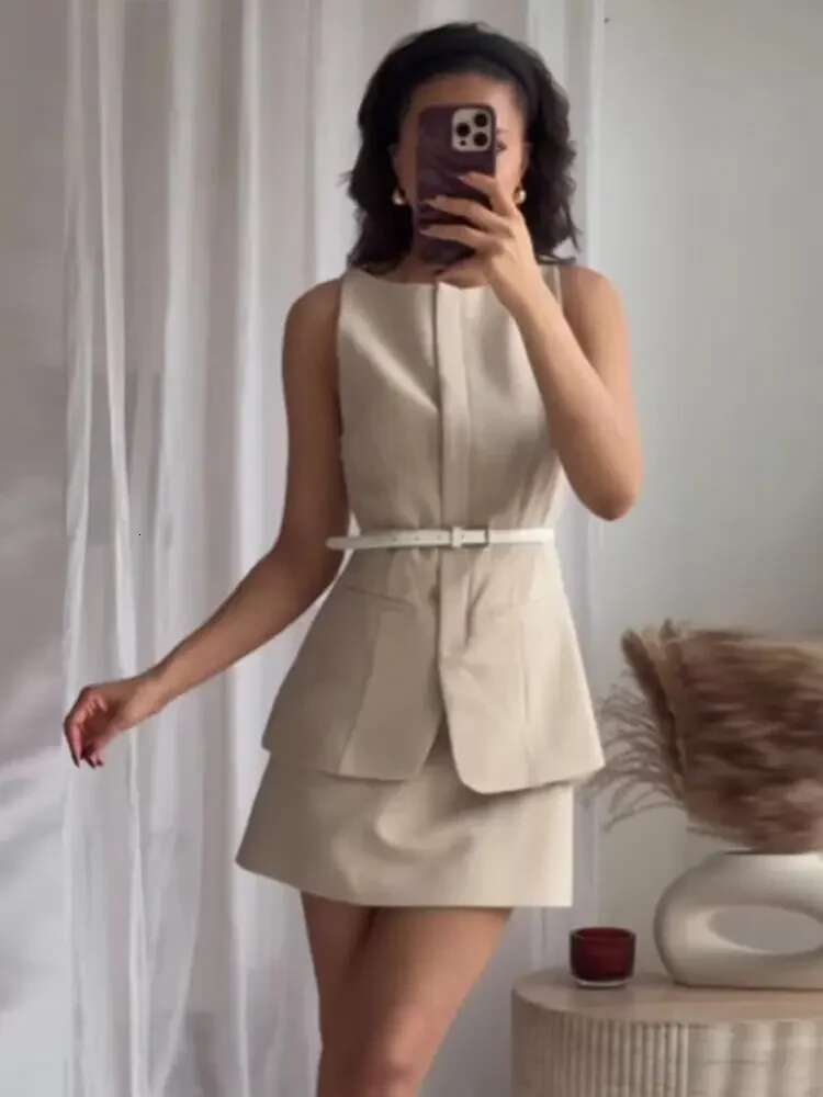 Fashion Solid Mini Skirt Sets For Women Elegant Sleeveless Tank Top With Belt Hip Package Skirts Female 2 Pcs Set Chic OL Outfit