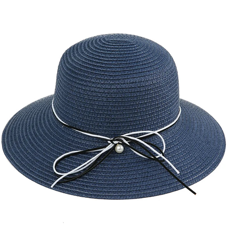 Black and White Rope Pearl Womens Straw Hat Summer Seaside Travel Foldable Shade Womens Straw Hat 250326