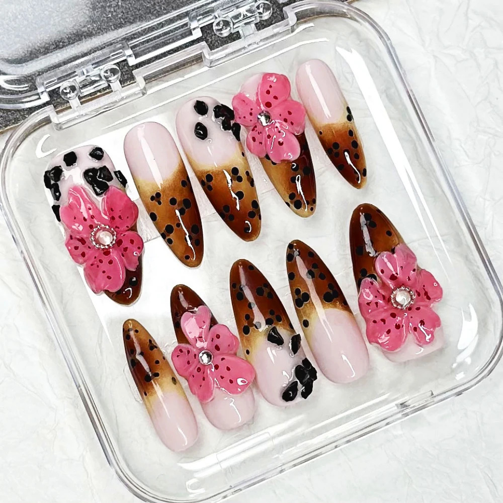 Press on Nails Medium Almond Pattern ABS Nails INS Y2K 3D Pink Flowers Style Nail 10Pcs Manicure Handmade Art with Set 250321
