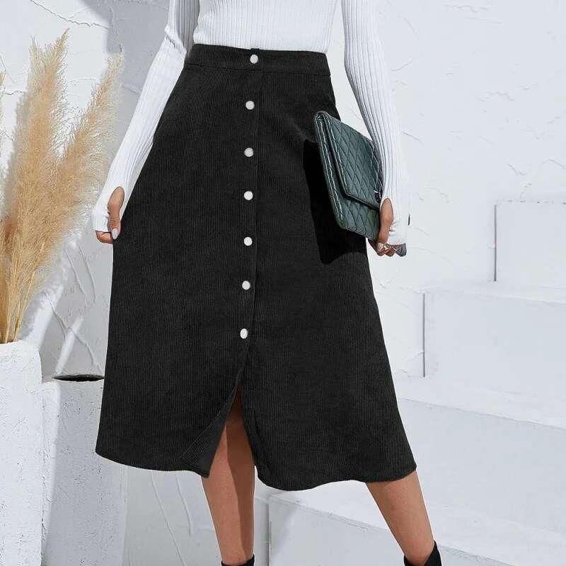Dongdumaoyi Premium Corduroy Midi Rok Voor Dames Enkele Rij Knopen Hoge Taille Herfst Winter Lange A