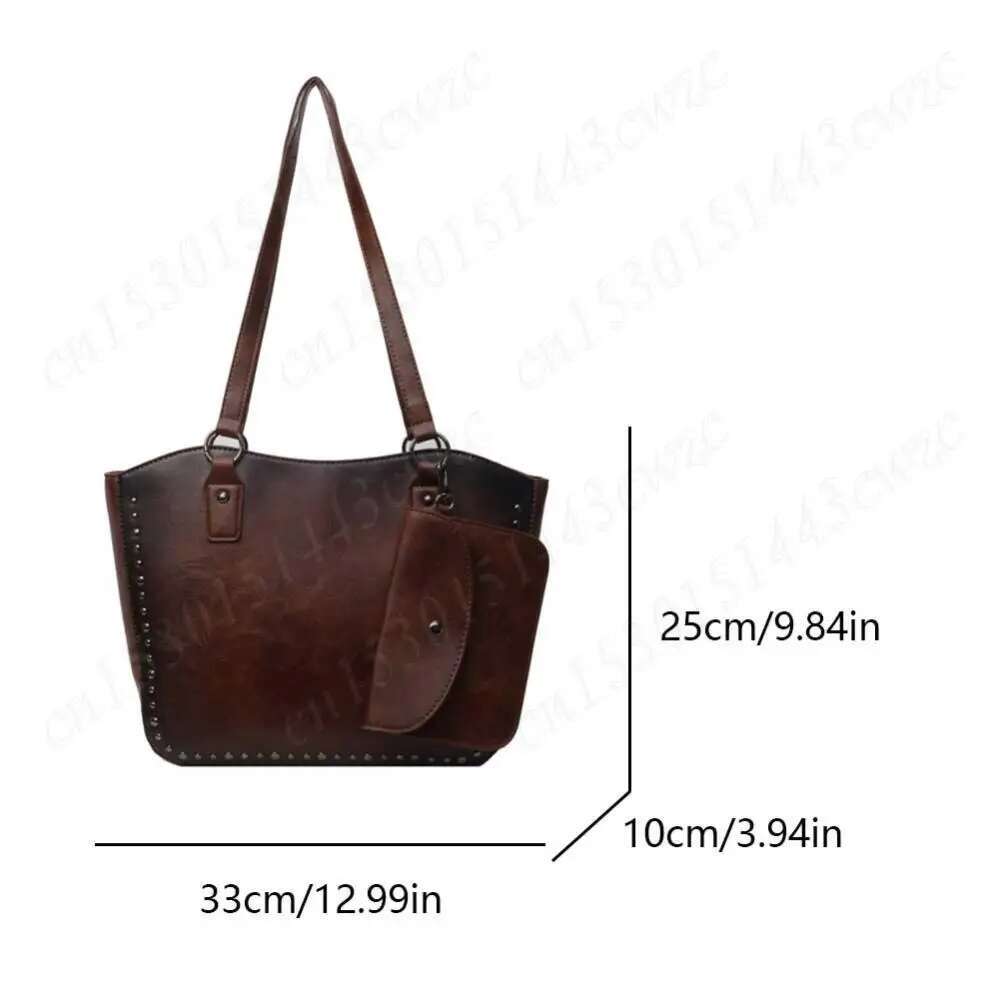 Tote Women W/Rivet Shoulder PU Leather Vintage Purse And Handbag Large Capacity Satchel Bag For Work Travel