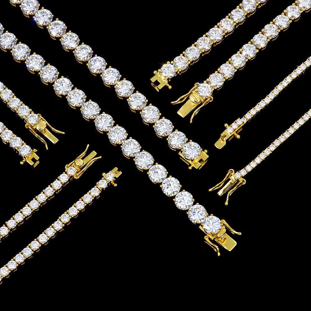 Custom Unisex Hiphop Trendy Jewelry Gold Plated 925 Sterling Silver Vvs Mossanite Moissanite Lab Diamond Tennis Chain Necklace