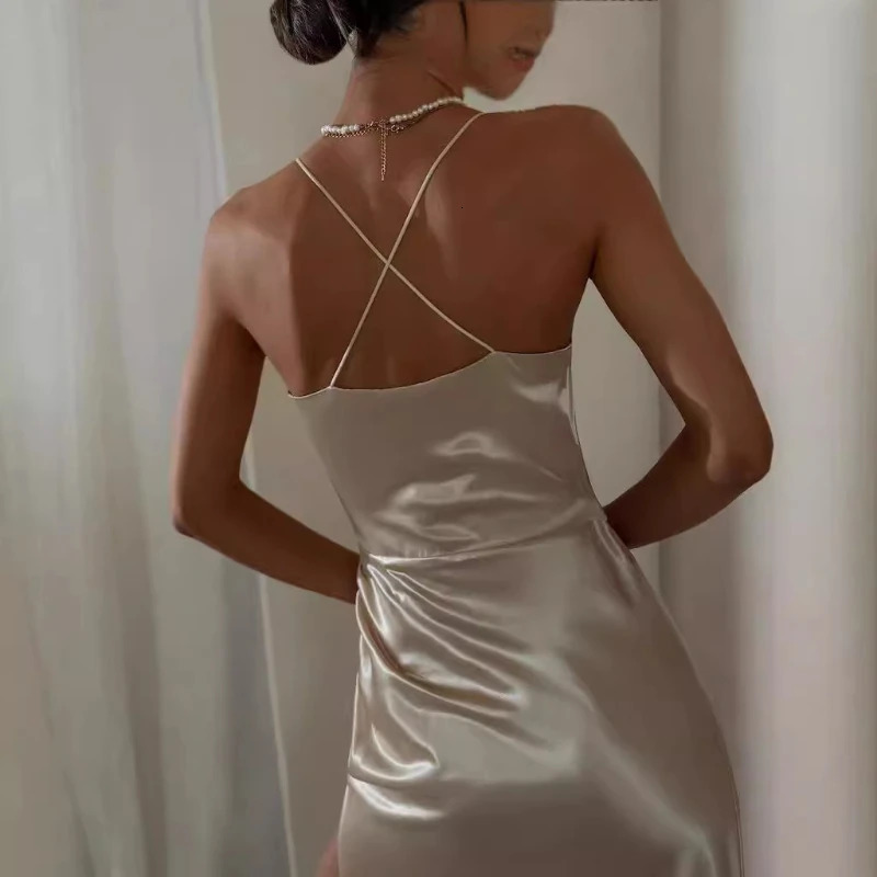Sexy Evening Dress Womens Camisol Backless Seam High Split Folded Satin Formal Elegant Party Ball Vest 250326