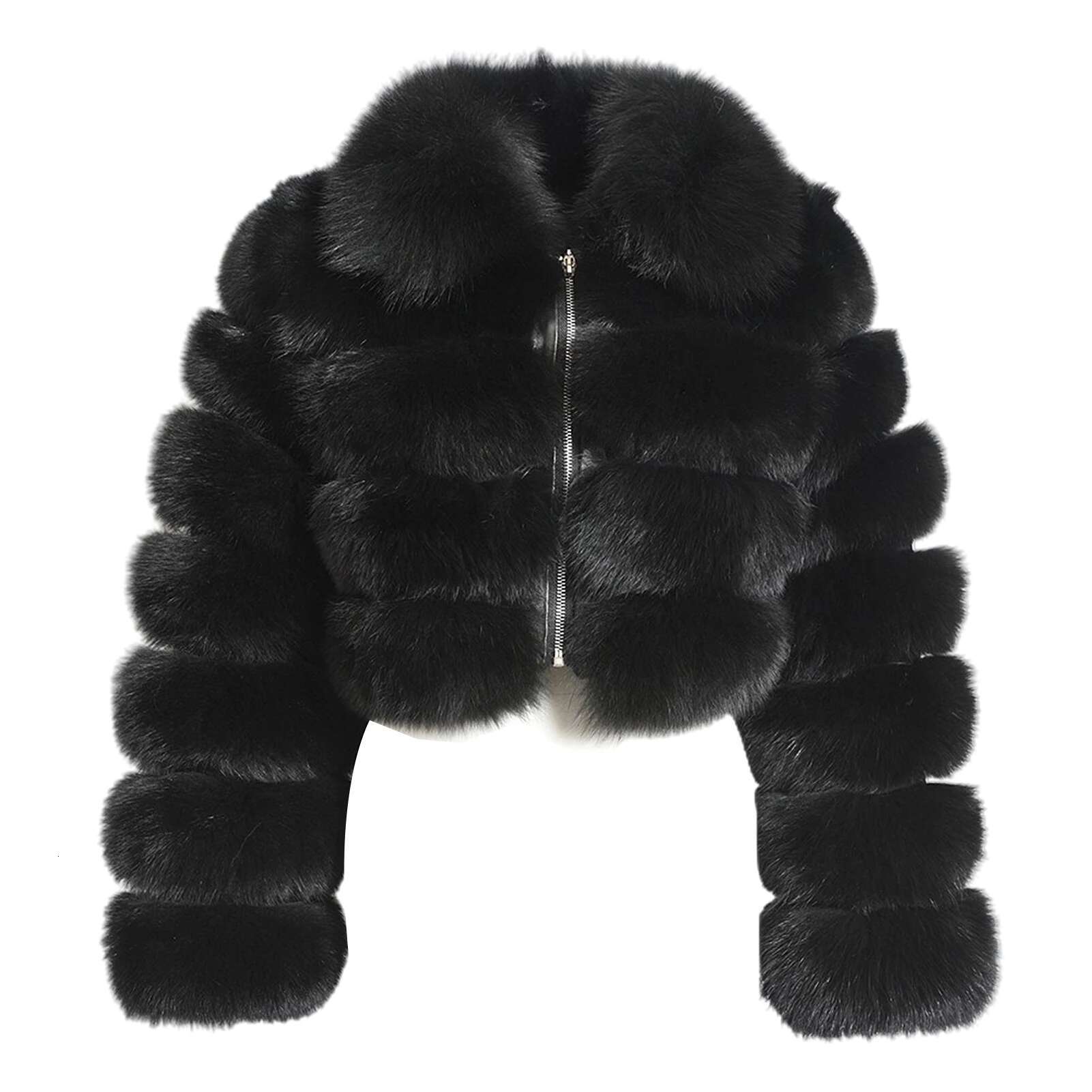 Loose Women Winter Thick Turn Down Collar Long Sleeve Zipper Faux Fur Slim Short Jacket Coat