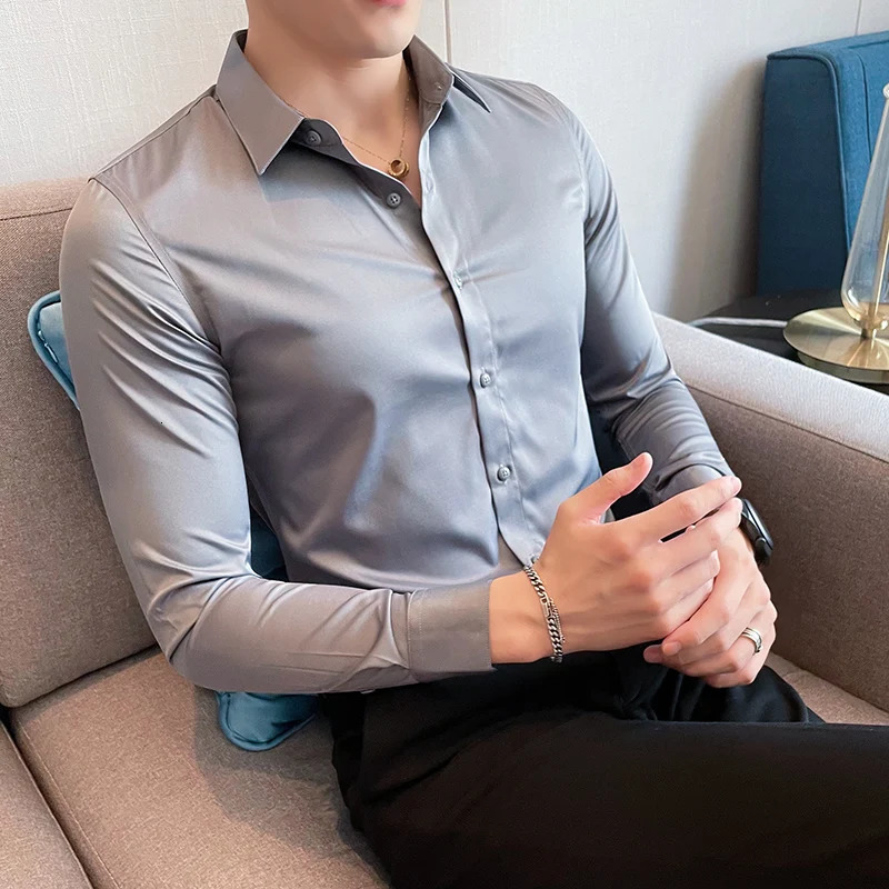 10Color highquality solid dress mens simple long sleeved slim fit business shirt social casual Plus size 5XLM 250326