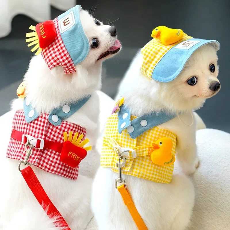 1 set of Fries Pet Harness drawstring Pet steel wire rope cute hat three piece puppy costume outdoor drawstring X250326