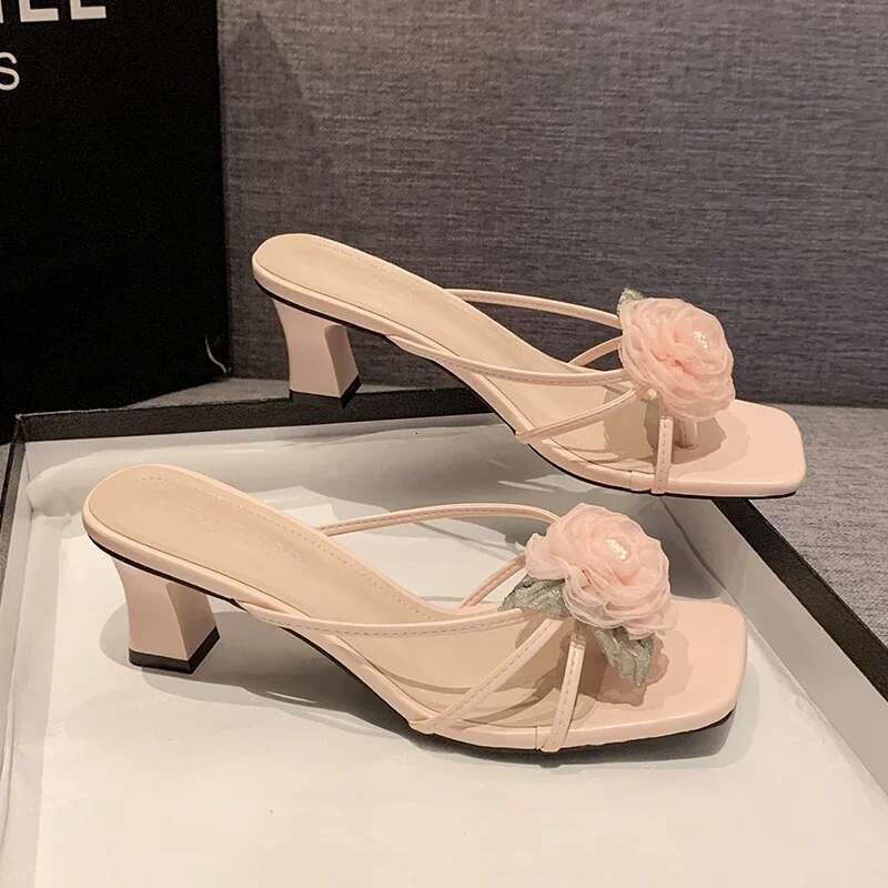 Mujer Sandalias De Summer Fashion Lace wer Square Toe Women's High Heel Sandals Beach Slippers atos