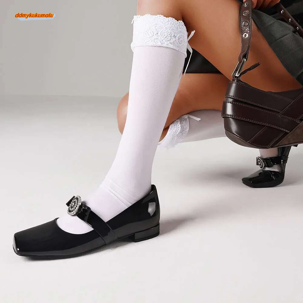 Rhie Mary Janes Women Low Heel Square Toe Slip-up Shallow Shoes Elegant Flats For Dress Party ddmykukumalu