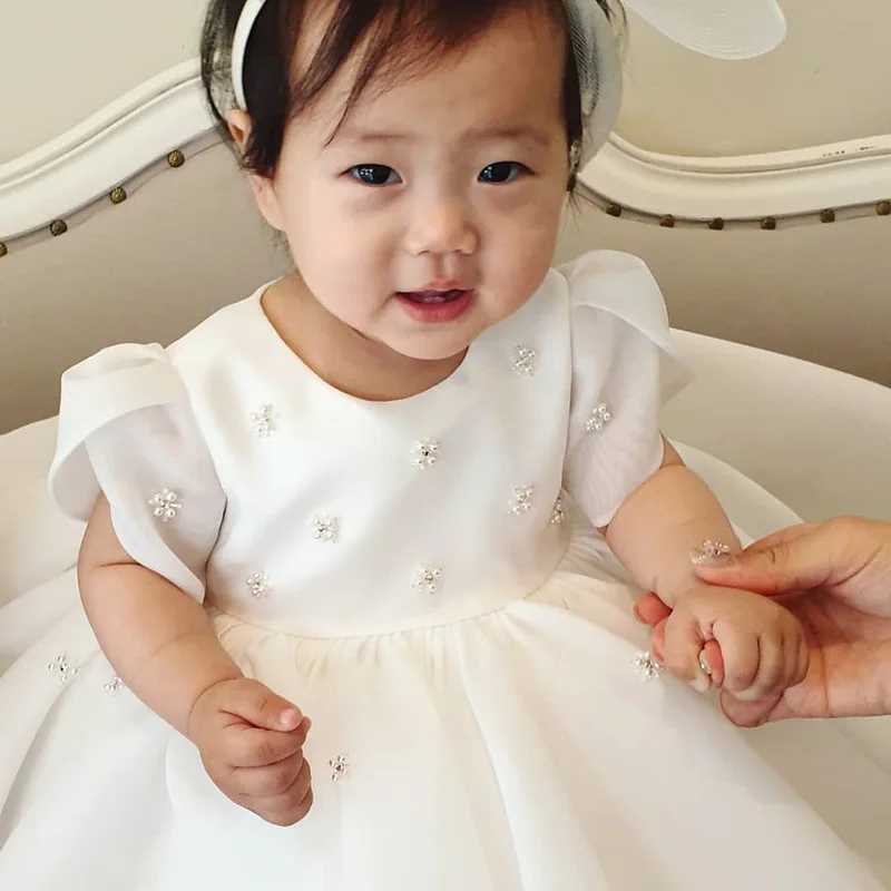 Girl Spring and Autumn New Year Baby White Round Neck Sweet Princess Dress W250326