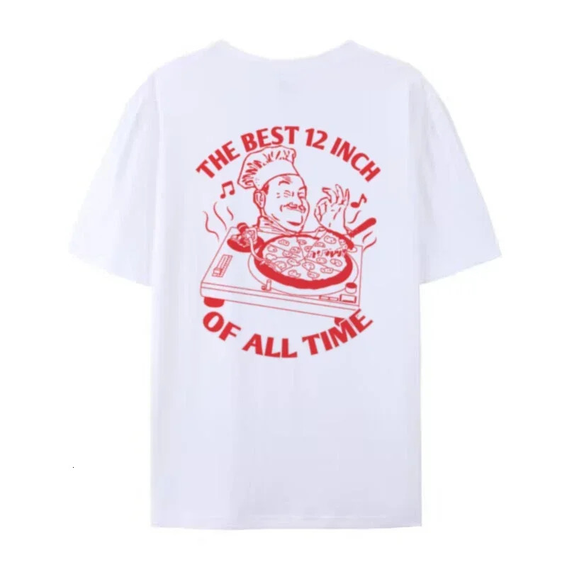 Retro oversized hippie cool pizza vinyl record graphic T-shirt mens street clothing funny food fashion top 250321