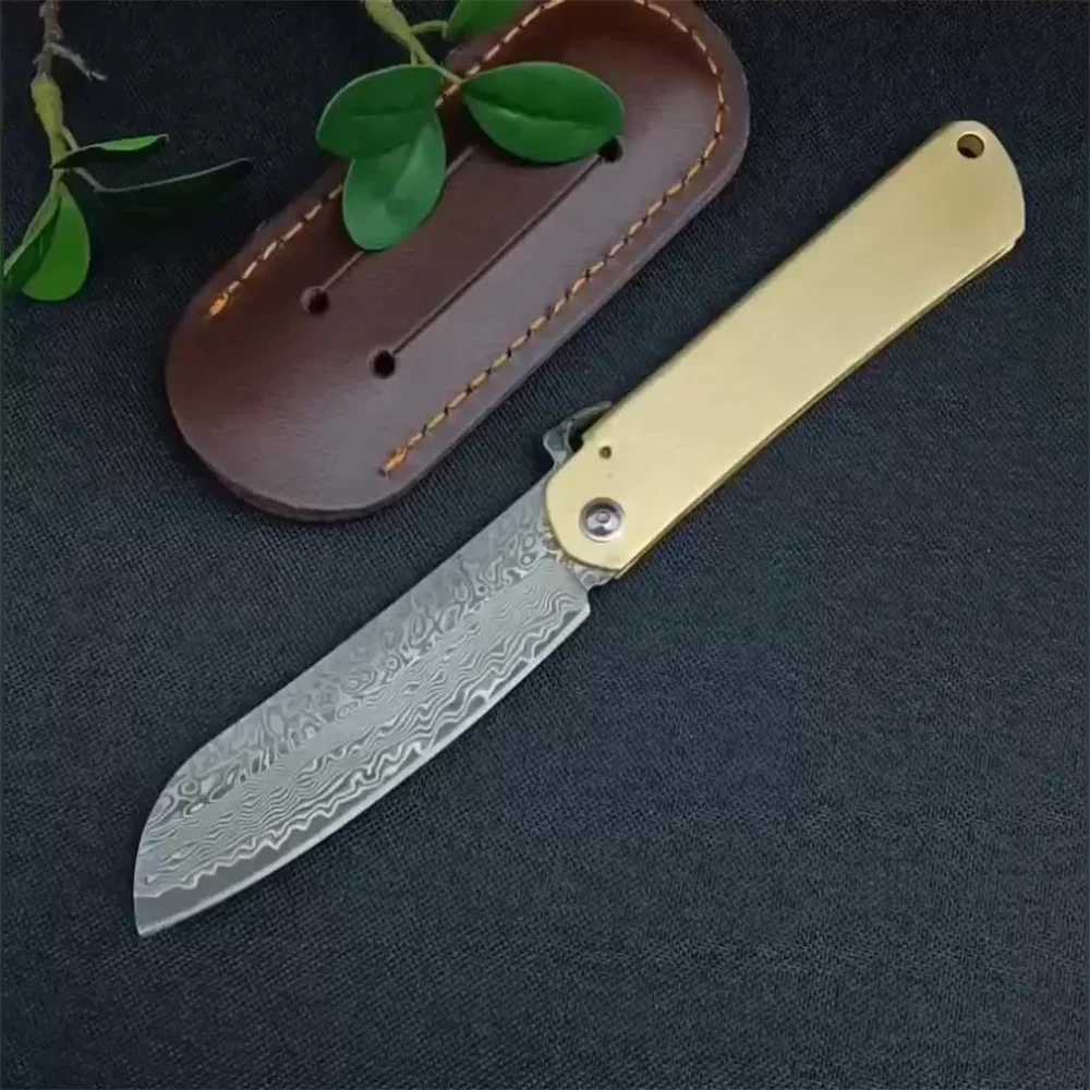 Japanese Higonokami Pocket Folding Knife Damascus Steel Copper Handle Outdoor Camping Survival Knife Tactical Hunting EDC ToolXJ250326