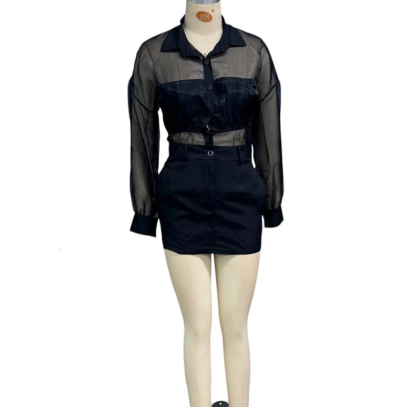 Wefads Two Piece Set Womens Clothes Sexy Fashion Solid Long Sleeve Lapel Transparent Mesh Top Mini A Line Skirt Sets Streetwear 250321