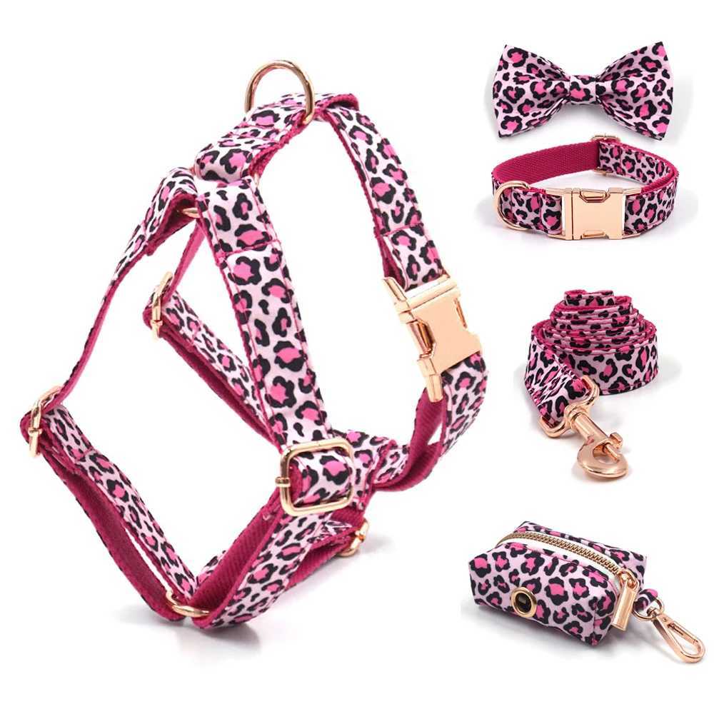 Pink leopard dog harness suitable for girls dogs personalized name carved pet collar with safety metal buckle bow small dog harness set X250326