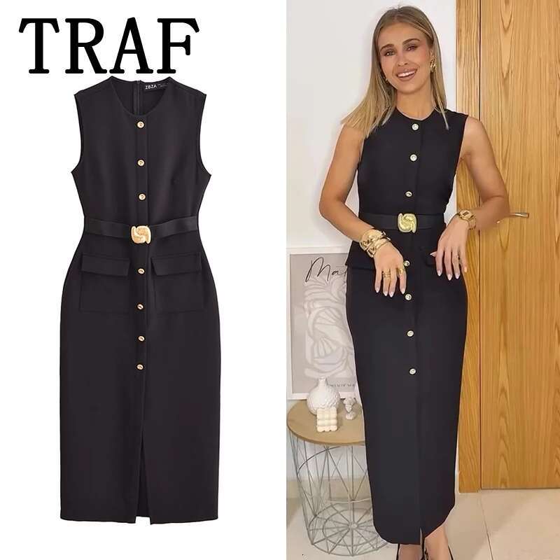 TRAF With Belt Midi Woman Elegant Long for Women 2025 Spring Dress Office Sleeveless Female Party Dresses