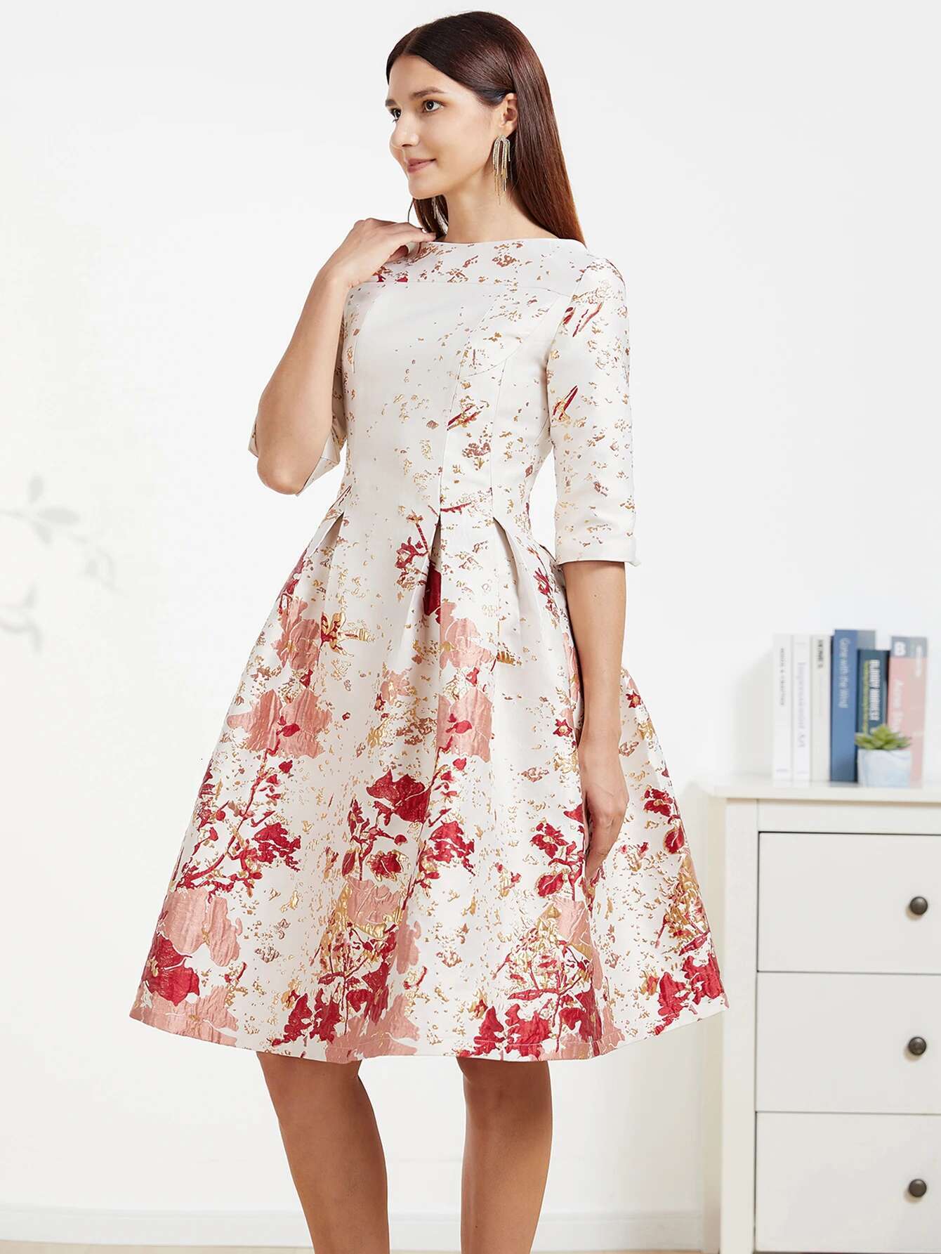 DEVCHATA New Spring Women Mid-long Jacquard ral Party Dress O-neck Ladies Fashion Formal Vestidos