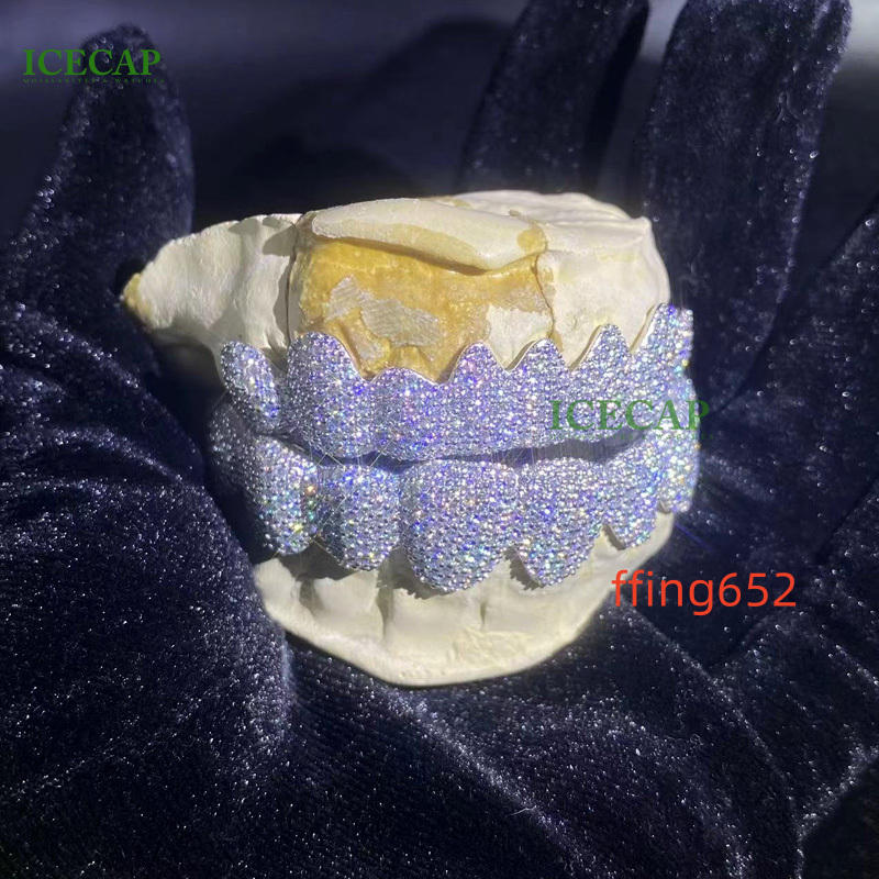 Hip Hop Jewelry Custom Honeycomb Inlay Grillz Deep Cut 925 Sterling Silver VVS Moissanite Diamonds Teeth Grillz