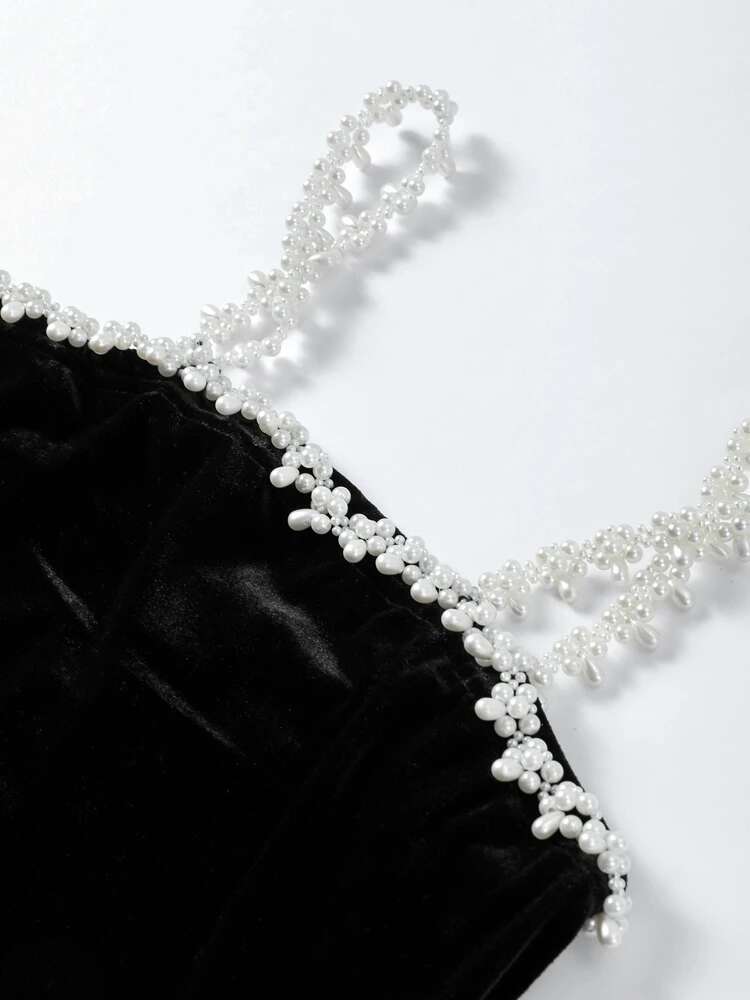 Elegant 3d wer Pearl Slip Dress Women Sexy Square Collar Backless Sleeveless Mini Dresses 2025 Spring Black Slim Robe Lady