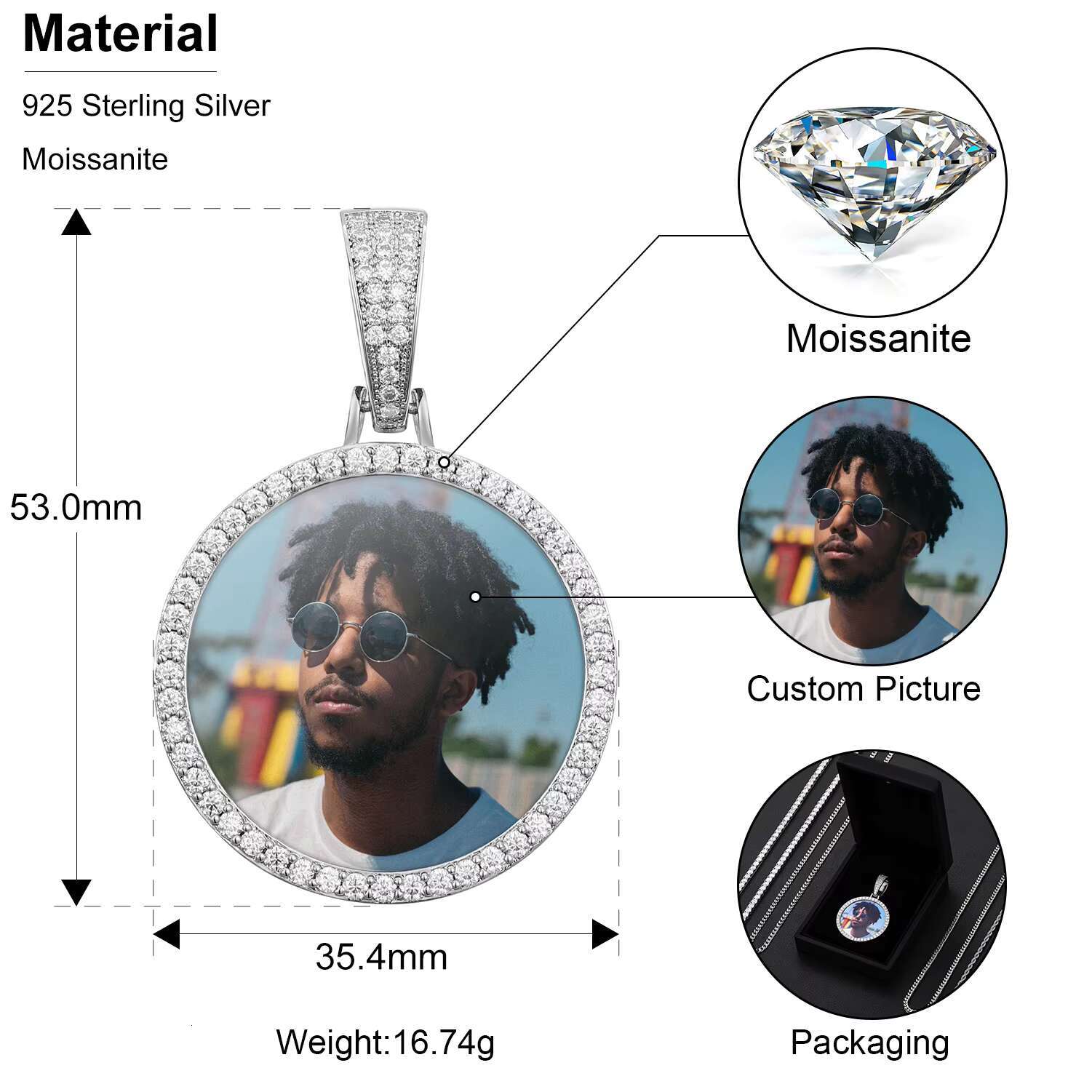 Drop Shipping in Stock Hip Hop Jewelry VVS Moissanite Photo Pendant Iced Out 925 Sterling Silver Picture Pendant Necklace