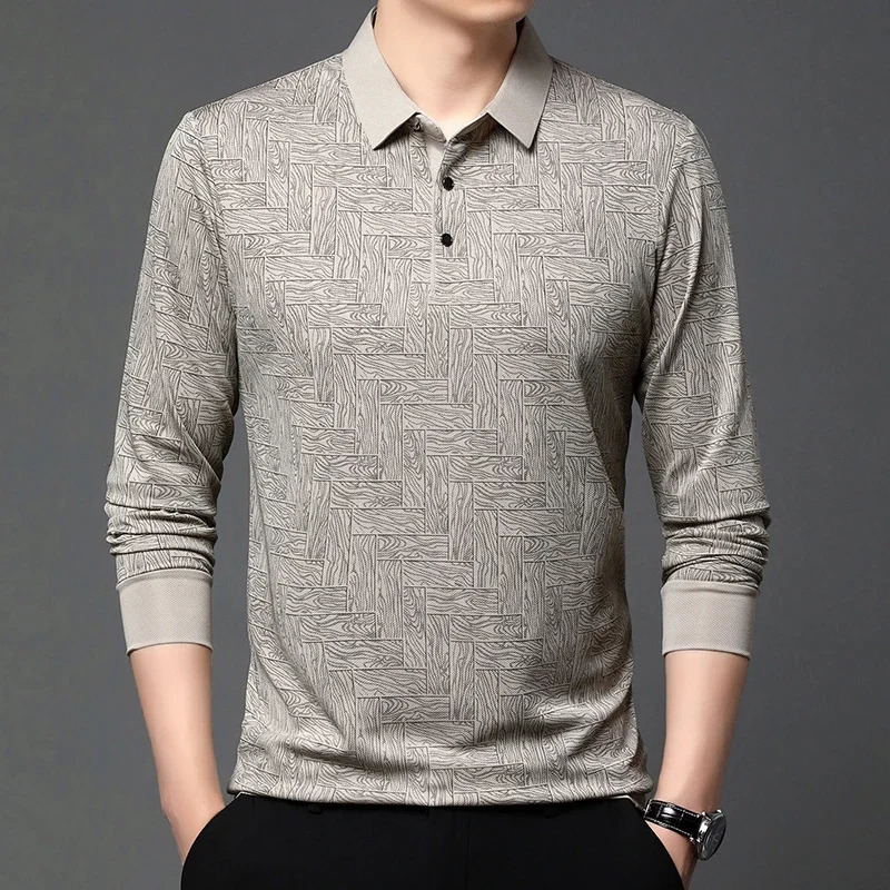 Mens business casual long sleeved solid color polo shirt fashionable breathable and comfortable Versatile top y250326