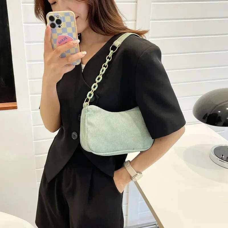Fashion Vintage Women Corduroy Underarm Zipper Shoulder Protable Female Soft Casual Clutch Handbag Dumpg Bag