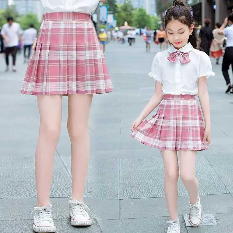 Girls Plaid Skirts Childrens School Uniform Preschool Pleated Tutu Blue Thin Slim High Waist Mini Skirts Childrens Clothing 2 to 13 Years OldT250326