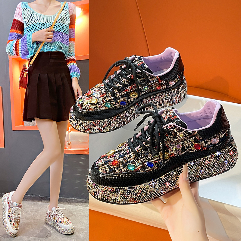 2025 European Style Summer New Light Luxury Breathable Single Shoe Thick Sole Casual Sports Rhinestone Mesh Shoes Women s Height Increasing Fashionabl