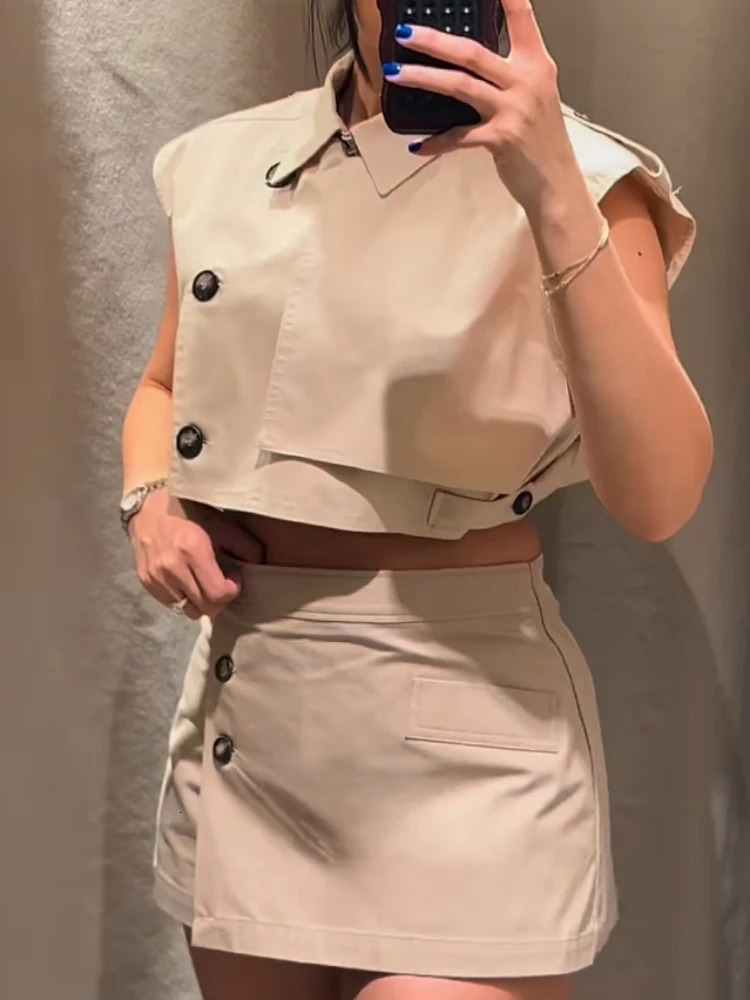 ZBZA Women Motorcycle Cropped Vest Shorts Suit Lapel Single-breasted Top Hidden Zipper A-line Shorts Summer Female Chic Set 250321