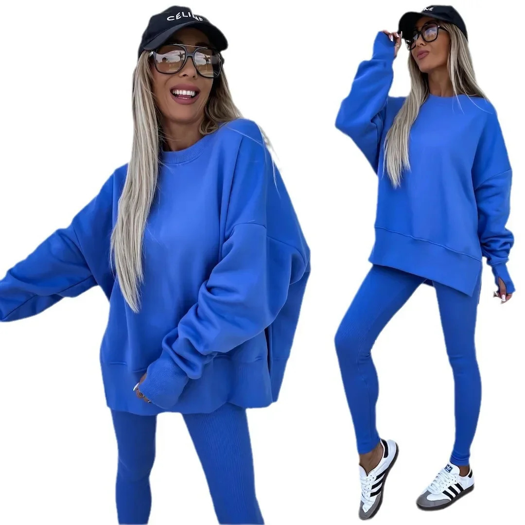 Casual womens 2-piece autumn and winter hooded sweater set wide leg sports pants outdoor fitness suit 250320
