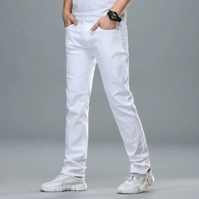 Classic style mens formal white jeans business intelligence fashion denim highend elastic cotton Trouser pants 250326