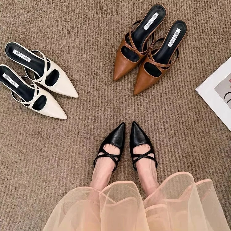 Summer Brown Women Flat Shoes Fashion Pointed Toe Slip On Mules Shoes Soft Flat Heel Outdoor Vaction Ladies Sandals 250325