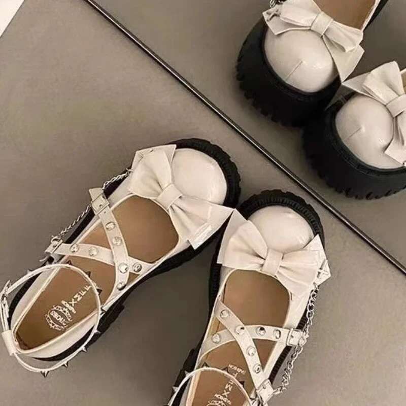 2025 Summer New Women's Shoes Ankle Strap Women's Designer Fashion High Heels Leather Bow Gothic Thick Heel