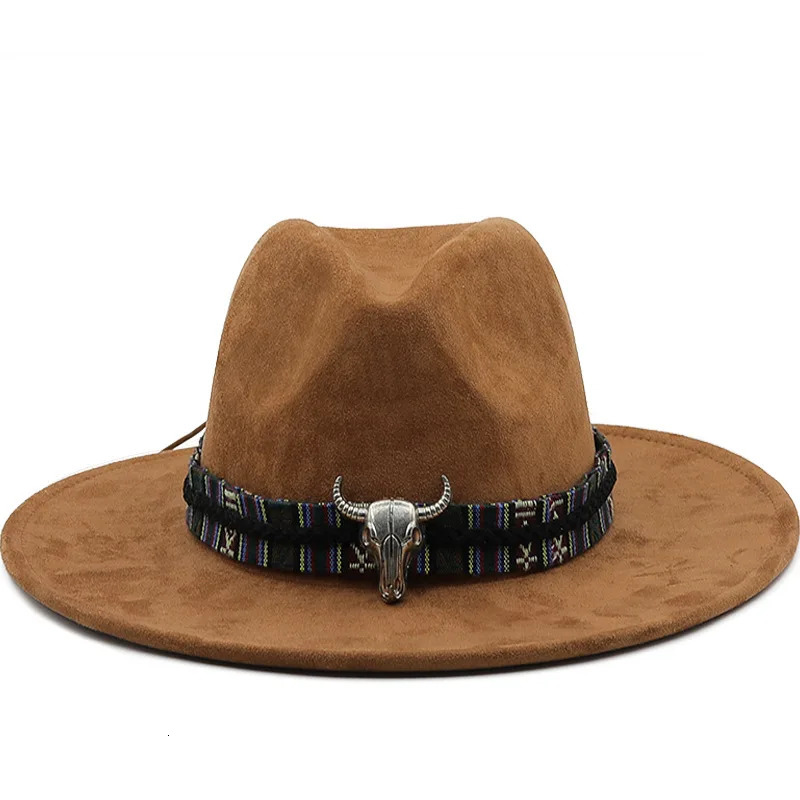 Suede Fedora Hat Mens Bullhead Accessories Western Cowboy Sun Hat Womens Fashion Top Jazz Hat Fedoras Chapeau Sombrero Mujer 250325