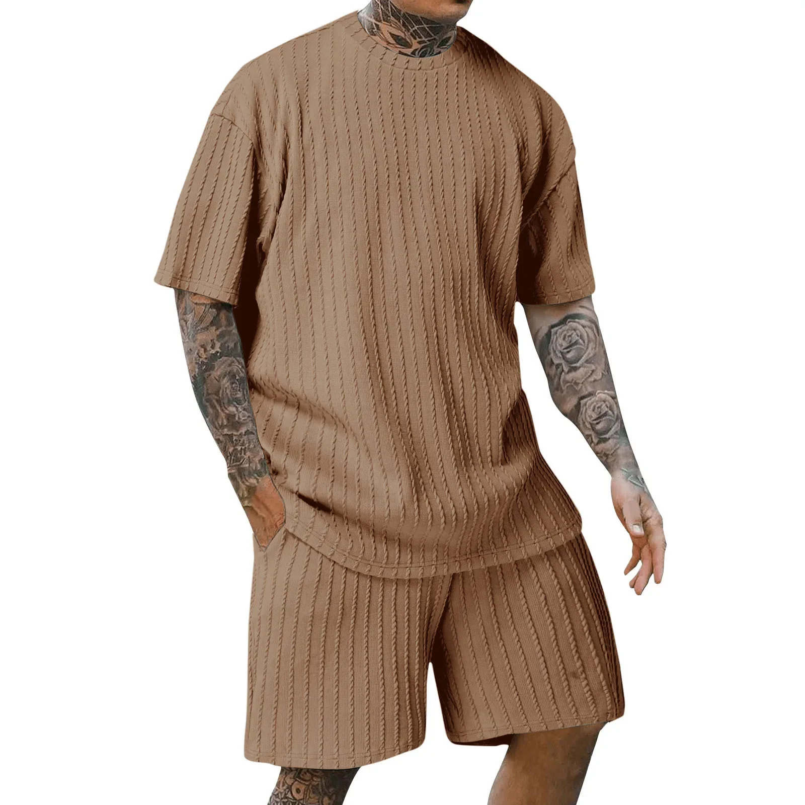 solid color mens sports round neck floral T-shirt short sleeved 2-piece set with vertical stripe 250324