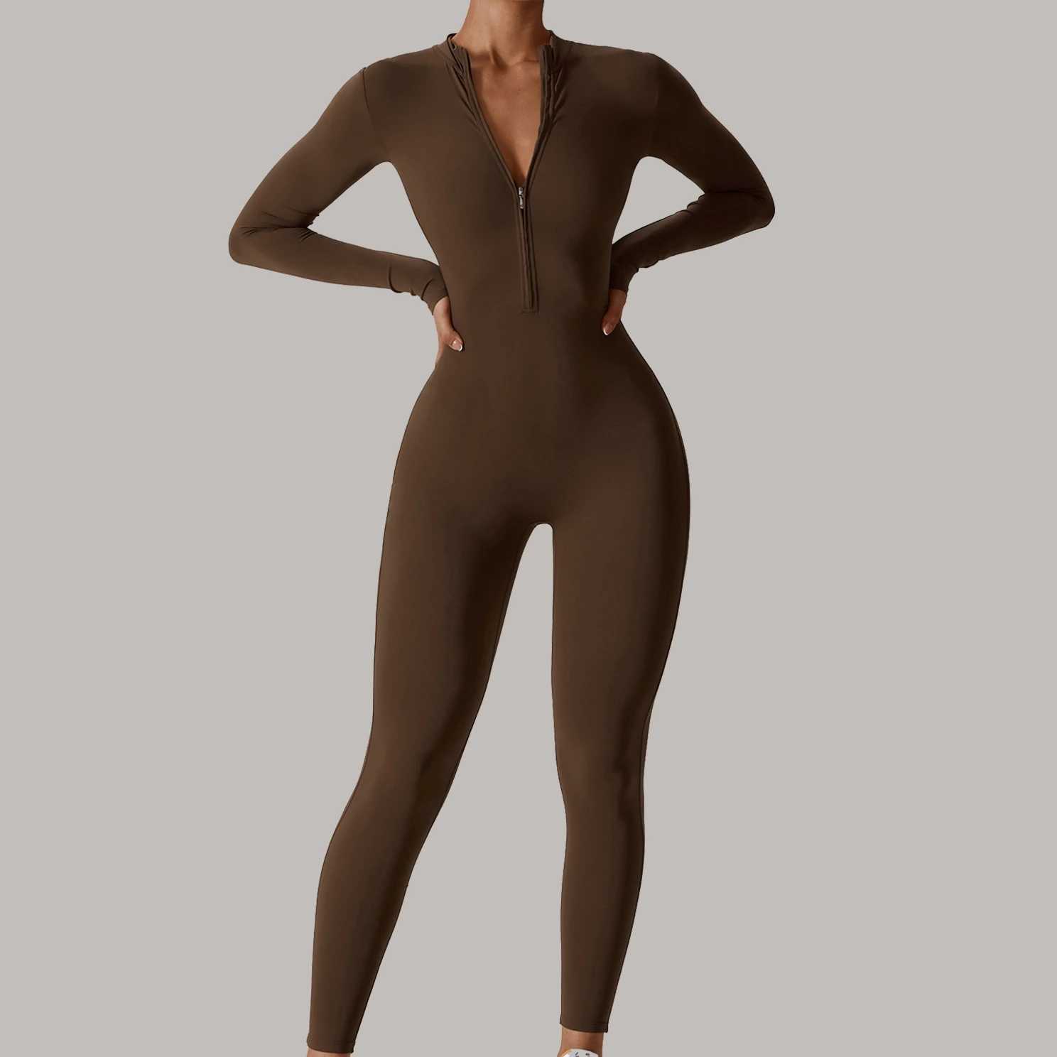 Gym zipper jumpsuit yoga boiler suit long sleeved womens sportswear high-strength fitness one-piece bodysuit W250326