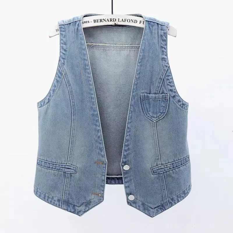 Retro denim waist jacket spring ultra-thin sleeveless jacket vest single chest blue casual top 250320