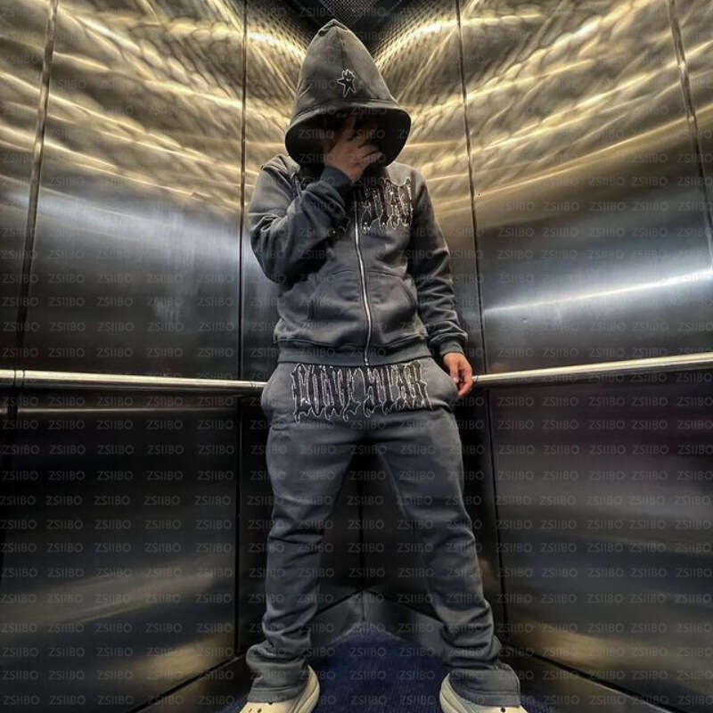 Hip Hop Gothic Style Cardigan Hooded Y2k Harajuku Hot Stamping Diamond Personalized Letter Printed Sweatshirt