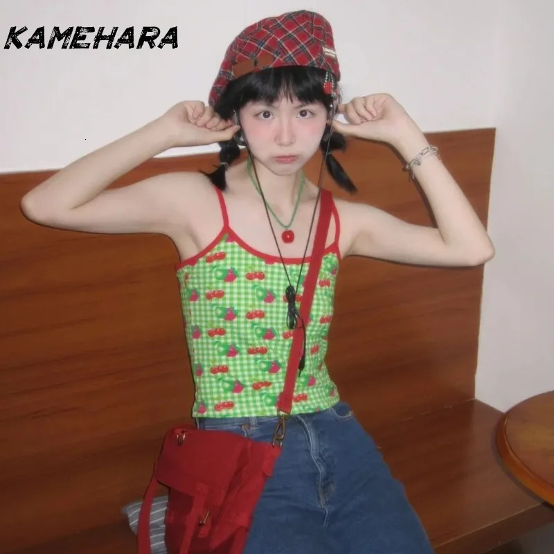 KAMEHARA Y2K Summer Sweet and Spicy Cherry Apple Printed Vitality Weight Loss Camis Dopamine Fruit Checkered Vacation Style Tank 250321