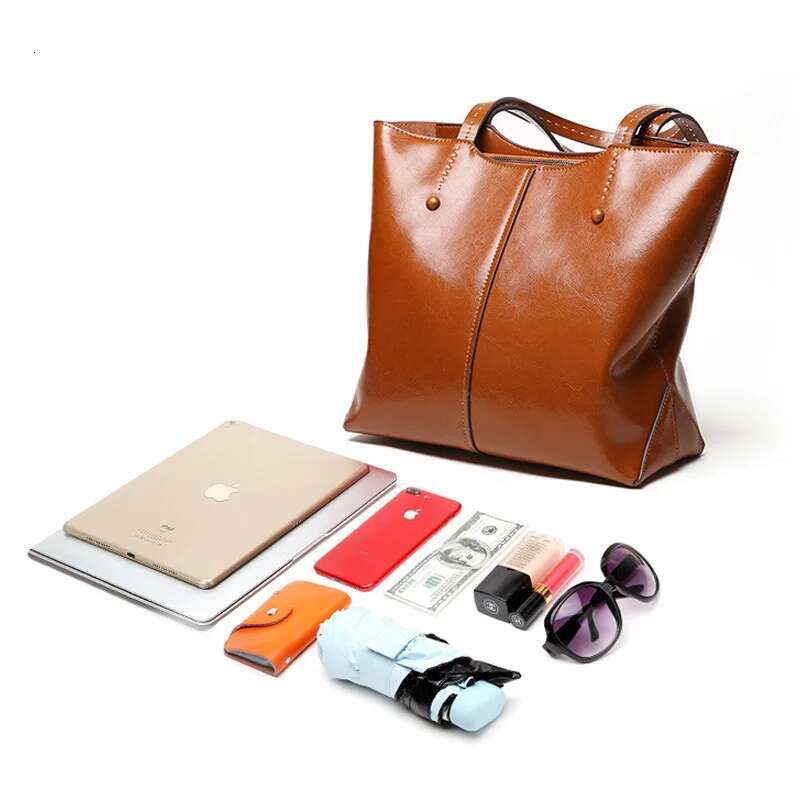 Zency Soft Cowhide Leather Fashion Women Shoulder Retro Brown Tote Handbag Large Capacity Lady Shopping Bag Black Grey