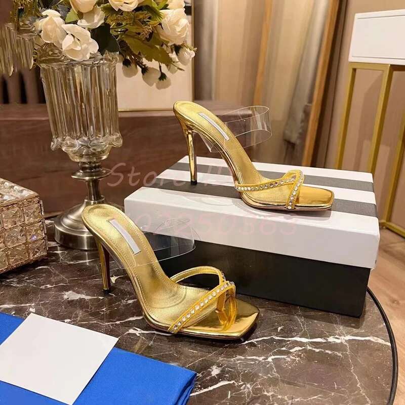 Crystal Straps Thin High Heel Slippers Clear PVC Round Toe Flip-p Stilettos Rome Sandals Women Solid Dress Mules Shoes 2024